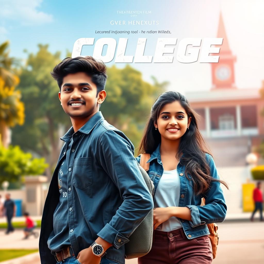 A cinematic film poster featuring a short-heighted Indian boy, 27 years old, with an energetic and passionate expression, standing confidently next to a tall, graceful Indian girl of the same age, who is exuding strength and beauty