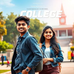 A cinematic film poster featuring a short-heighted Indian boy, 27 years old, with an energetic and passionate expression, standing confidently next to a tall, graceful Indian girl of the same age, who is exuding strength and beauty