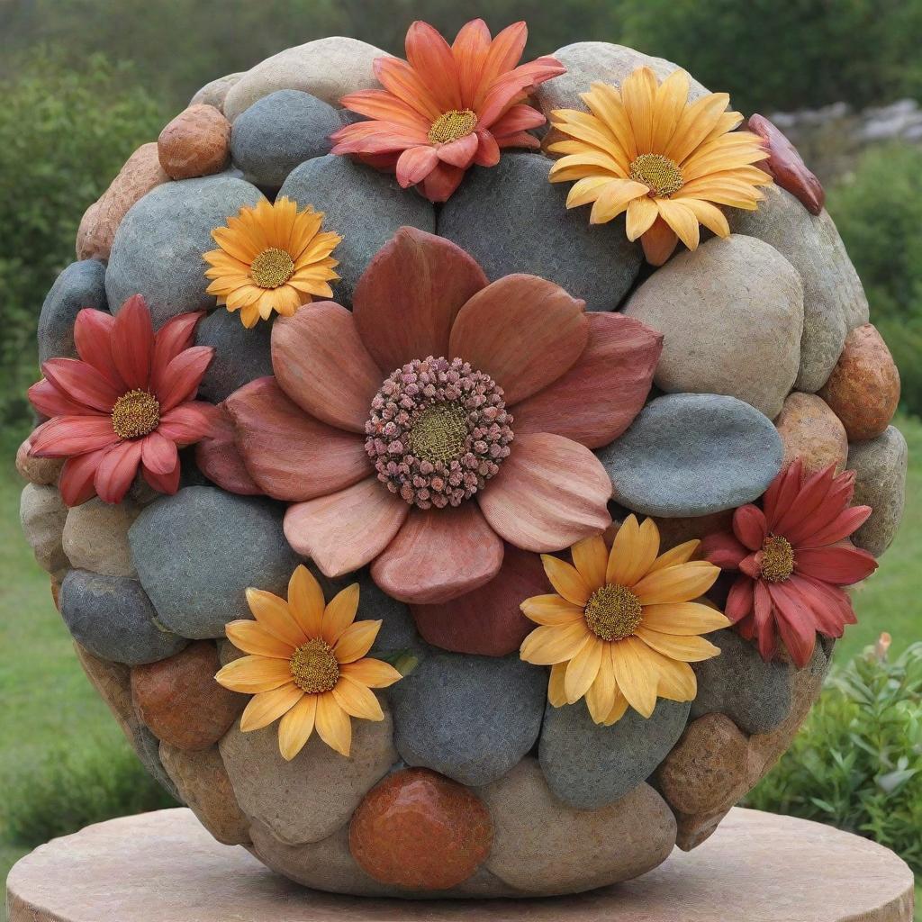 A beautiful flower sculpture meticulously formed from various sizes, shapes, and colors of natural rocks