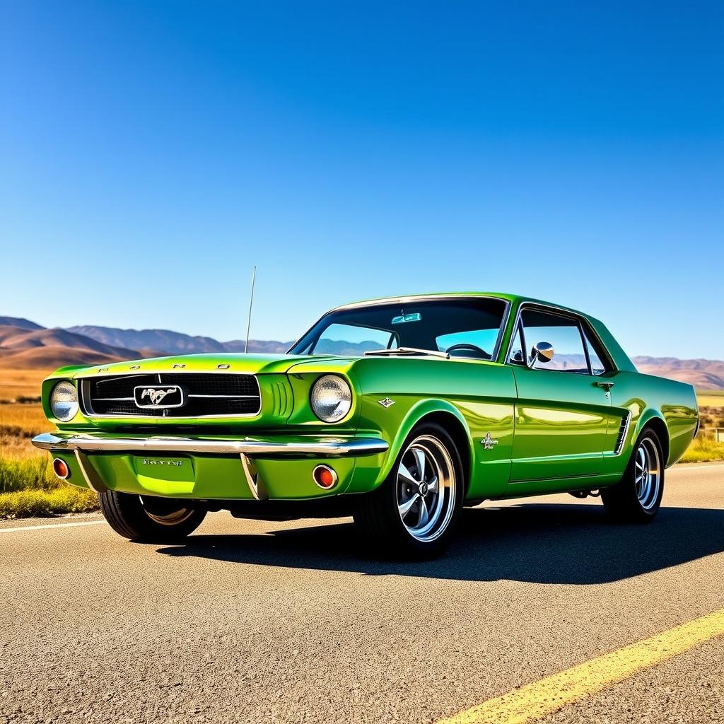 A stunning classic 1966 Ford Mustang in a vibrant shade of green, parked on a scenic road