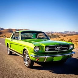 A stunning classic 1966 Ford Mustang in a vibrant shade of green, parked on a scenic road