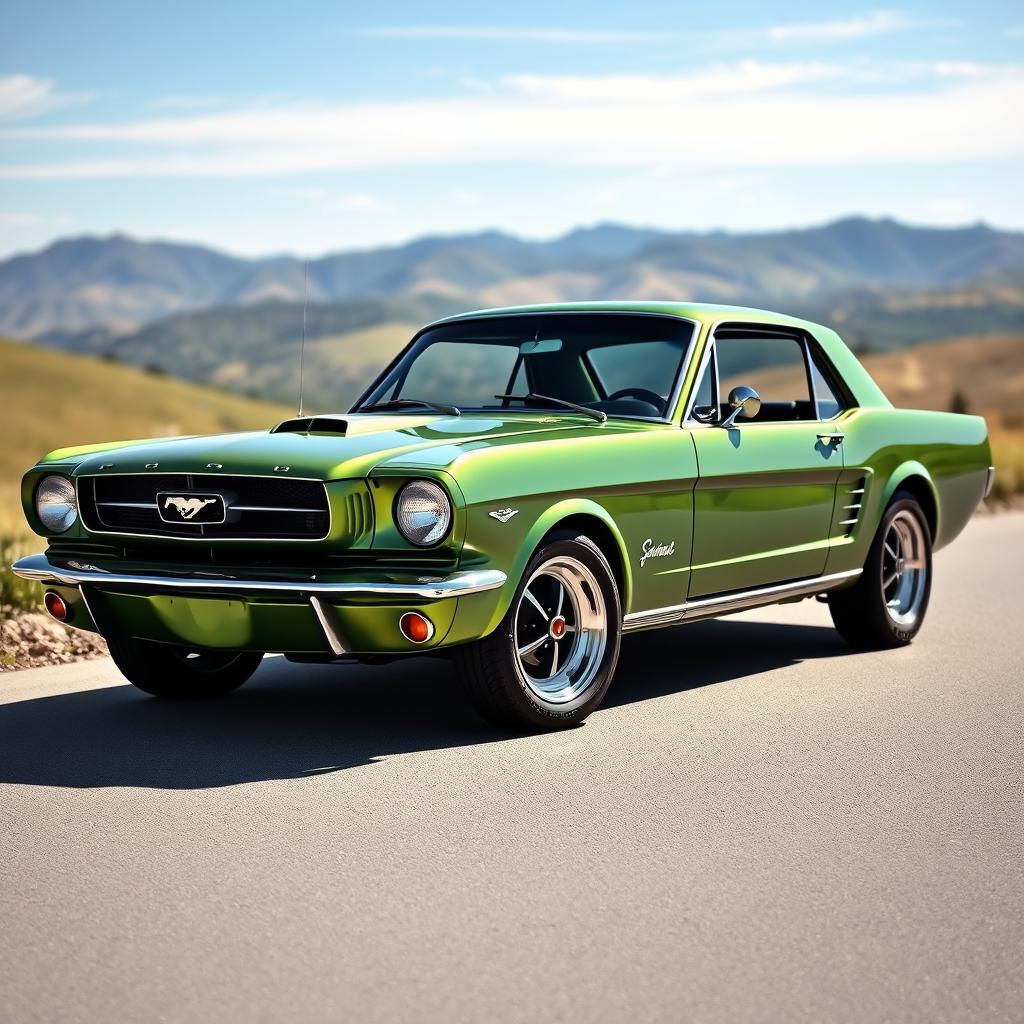 A stunning classic 1966 Ford Mustang in a vibrant shade of green, parked on a scenic road