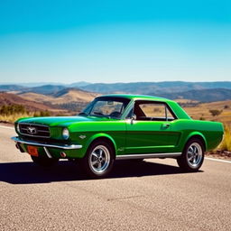 A stunning classic 1966 Ford Mustang in a vibrant shade of green, parked on a scenic road