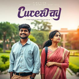 A cinematic film poster showcasing a short-heighted Indian man, 27 years old, with a warm and inviting smile, standing alongside a tall, very simple and shy Indian woman of the same age