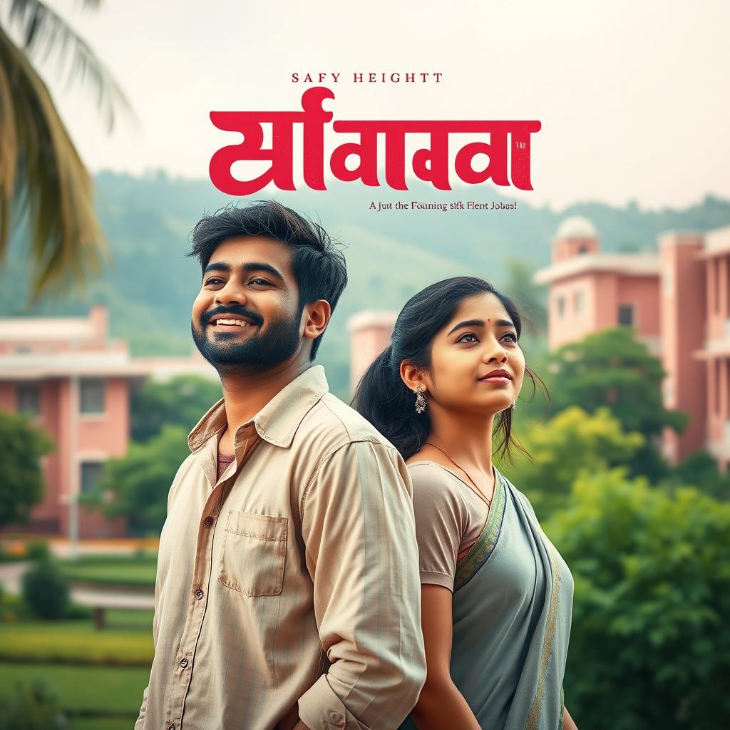 A cinematic film poster showcasing a short-heighted Indian man, 27 years old, with a warm and inviting smile, standing alongside a tall, very simple and shy Indian woman of the same age