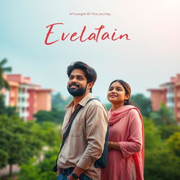 A cinematic film poster showcasing a short-heighted Indian man, 27 years old, with a warm and inviting smile, standing alongside a tall, very simple and shy Indian woman of the same age