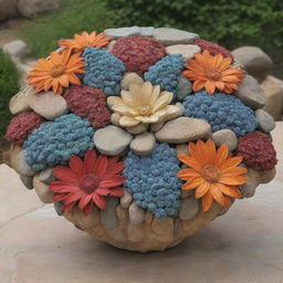 A beautiful flower sculpture meticulously formed from various sizes, shapes, and colors of natural rocks