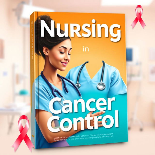 A vibrant and inspiring book cover titled 'Nursing in Cancer Control', featuring a powerful and compassionate nurse character in scrubs, actively caring for a patient in a hospital setting