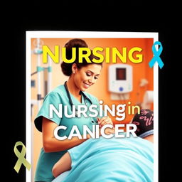 A vibrant and inspiring book cover titled 'Nursing in Cancer Control', featuring a powerful and compassionate nurse character in scrubs, actively caring for a patient in a hospital setting