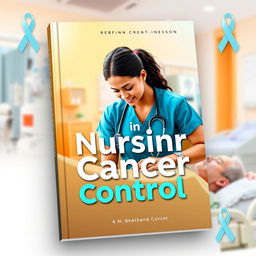 A vibrant and inspiring book cover titled 'Nursing in Cancer Control', featuring a powerful and compassionate nurse character in scrubs, actively caring for a patient in a hospital setting