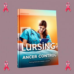 A vibrant and inspiring book cover titled 'Nursing in Cancer Control', featuring a powerful and compassionate nurse character in scrubs, actively caring for a patient in a hospital setting