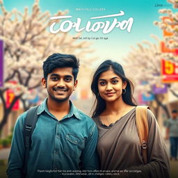 A cinematic film poster featuring a short-heighted Indian college boy, 27 years old, with a friendly smile and casual attire, standing beside a tall, very simple and shy Indian college girl of the same age