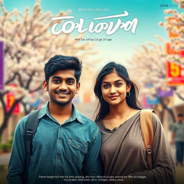 A cinematic film poster featuring a short-heighted Indian college boy, 27 years old, with a friendly smile and casual attire, standing beside a tall, very simple and shy Indian college girl of the same age