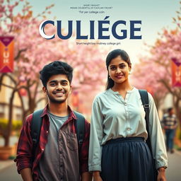 A cinematic film poster featuring a short-heighted Indian college boy, 27 years old, with a friendly smile and casual attire, standing beside a tall, very simple and shy Indian college girl of the same age