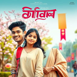 A cinematic film poster featuring a short-heighted Indian college boy, 27 years old, with a friendly smile and casual attire, standing beside a tall, very simple and shy Indian college girl of the same age