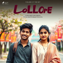 A cinematic film poster featuring a short-heighted Indian college boy, 27 years old, with a friendly smile and casual attire, standing beside a tall, very simple and shy Indian college girl of the same age