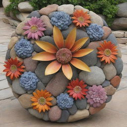 A beautiful flower sculpture meticulously formed from various sizes, shapes, and colors of natural rocks