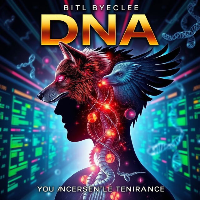 A captivating book cover for a science fiction novel exploring the theme of DNA modification, showcasing a dramatic blend of human and animal DNA