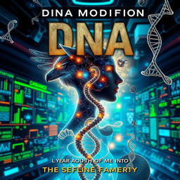 A captivating book cover for a science fiction novel exploring the theme of DNA modification, showcasing a dramatic blend of human and animal DNA