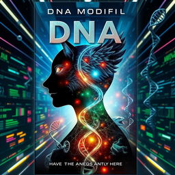 A captivating book cover for a science fiction novel exploring the theme of DNA modification, showcasing a dramatic blend of human and animal DNA