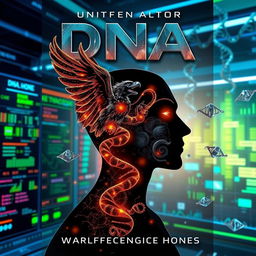 A captivating book cover for a science fiction novel exploring the theme of DNA modification, showcasing a dramatic blend of human and animal DNA