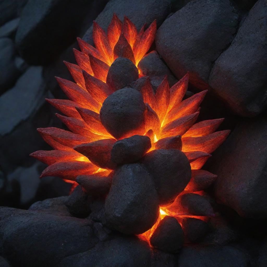 A unique flower formation made from igneous rocks, aglow with vibrant, molten magma seeping through the crevices, lighting up the structure beautifully