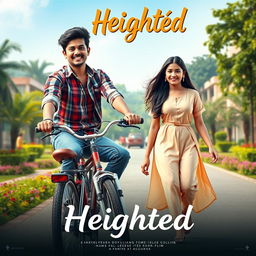 A cinematic film poster titled 'Heighted' featuring a short-heighted Indian college boy, 27 years old, confidently riding his bike towards the college