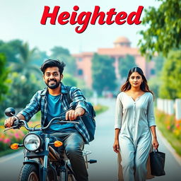 A cinematic film poster titled 'Heighted' featuring a short-heighted Indian college boy, 27 years old, confidently riding his bike towards the college