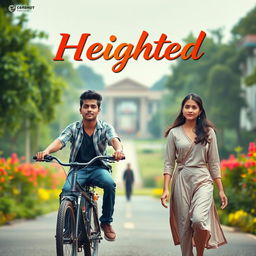 A cinematic film poster titled 'Heighted' featuring a short-heighted Indian college boy, 27 years old, confidently riding his bike towards the college