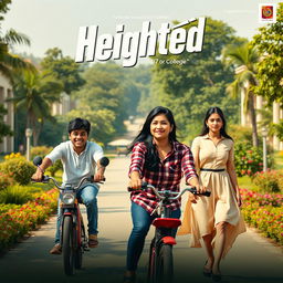 A cinematic film poster titled 'Heighted' featuring a short-heighted Indian college boy, 27 years old, confidently riding his bike towards the college