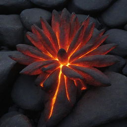 A unique flower formation made from igneous rocks, aglow with vibrant, molten magma seeping through the crevices, lighting up the structure beautifully