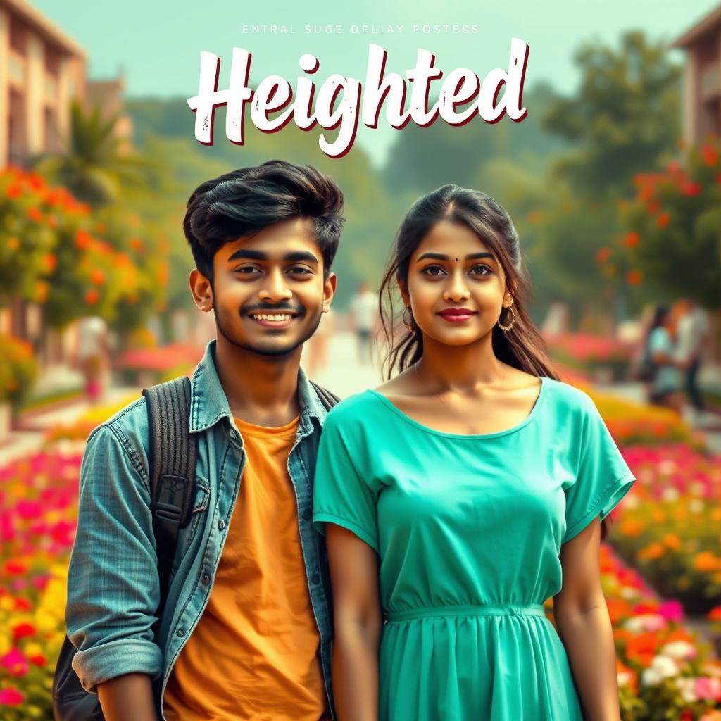 A cinematic film poster titled 'Heighted' featuring a short-heighted Indian college boy, 27 years old, with a bright smile and casual attire, standing confidently next to a long-heighted Indian girl of the same age