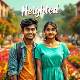 A cinematic film poster titled 'Heighted' featuring a short-heighted Indian college boy, 27 years old, with a bright smile and casual attire, standing confidently next to a long-heighted Indian girl of the same age