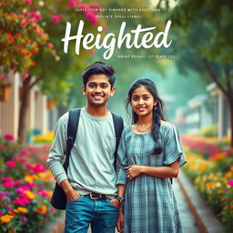 A cinematic film poster titled 'Heighted' featuring a short-heighted Indian college boy, 27 years old, with a bright smile and casual attire, standing confidently next to a long-heighted Indian girl of the same age