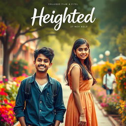 A cinematic film poster titled 'Heighted' featuring a short-heighted Indian college boy, 27 years old, with a bright smile and casual attire, standing confidently next to a long-heighted Indian girl of the same age