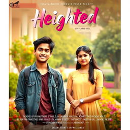 A cinematic film poster titled 'Heighted' featuring a short-heighted Indian college boy, 27 years old, with a bright smile and casual attire, standing confidently next to a long-heighted Indian girl of the same age