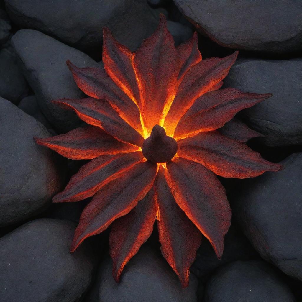 A unique flower formation made from igneous rocks, aglow with vibrant, molten magma seeping through the crevices, lighting up the structure beautifully