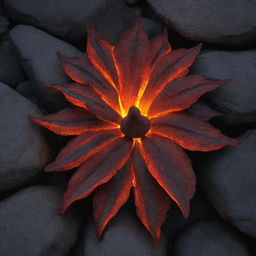 A unique flower formation made from igneous rocks, aglow with vibrant, molten magma seeping through the crevices, lighting up the structure beautifully