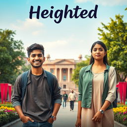 A cinematic film poster titled 'Heighted' featuring a short-heighted Indian college man, 27 years old, with a warm smile dressed in casual, trendy clothing