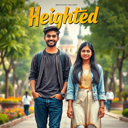 A cinematic film poster titled 'Heighted' featuring a short-heighted Indian college man, 27 years old, with a warm smile dressed in casual, trendy clothing