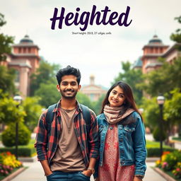 A cinematic film poster titled 'Heighted' featuring a short-heighted Indian college man, 27 years old, with a warm smile dressed in casual, trendy clothing