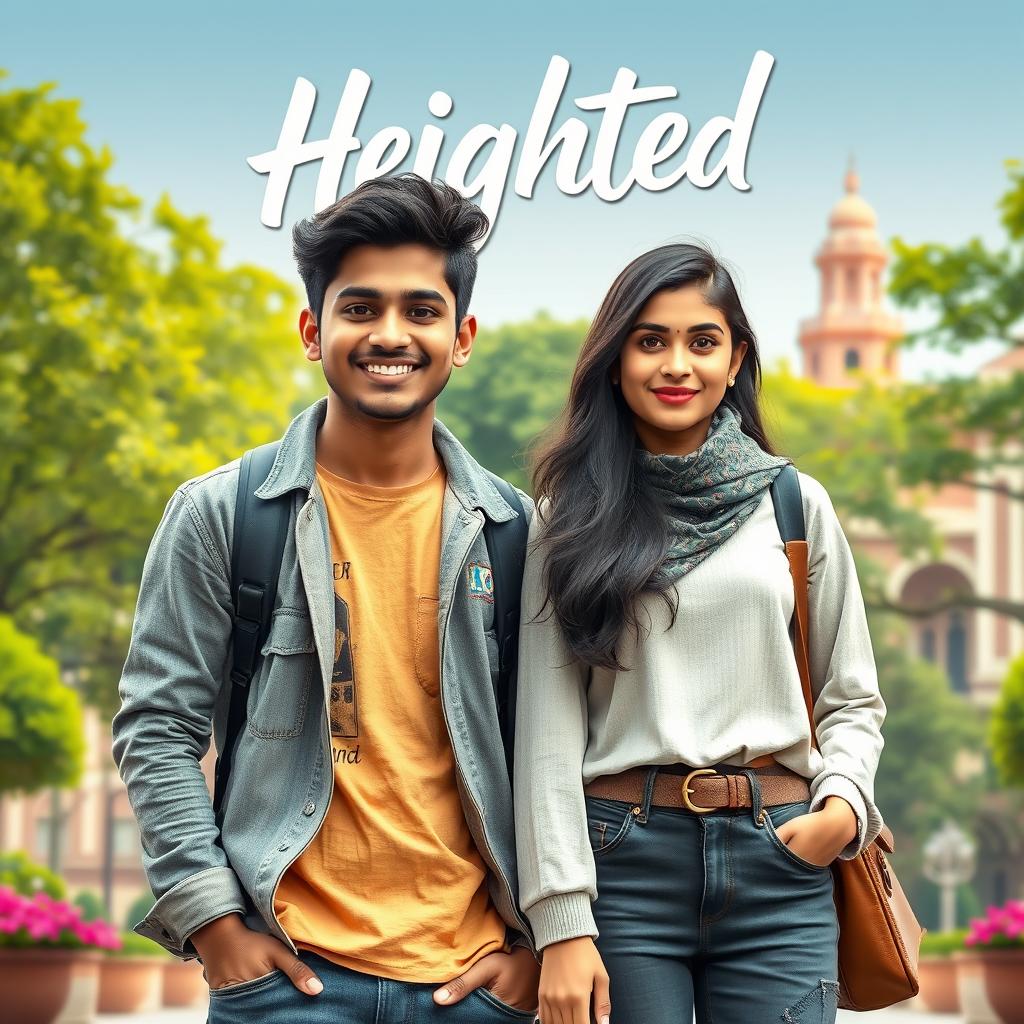 A cinematic film poster titled 'Heighted' featuring a short-heighted Indian college man, 27 years old, with a warm smile dressed in casual, trendy clothing