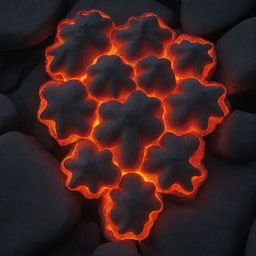 A unique flower formation made from igneous rocks, aglow with vibrant, molten magma seeping through the crevices, lighting up the structure beautifully