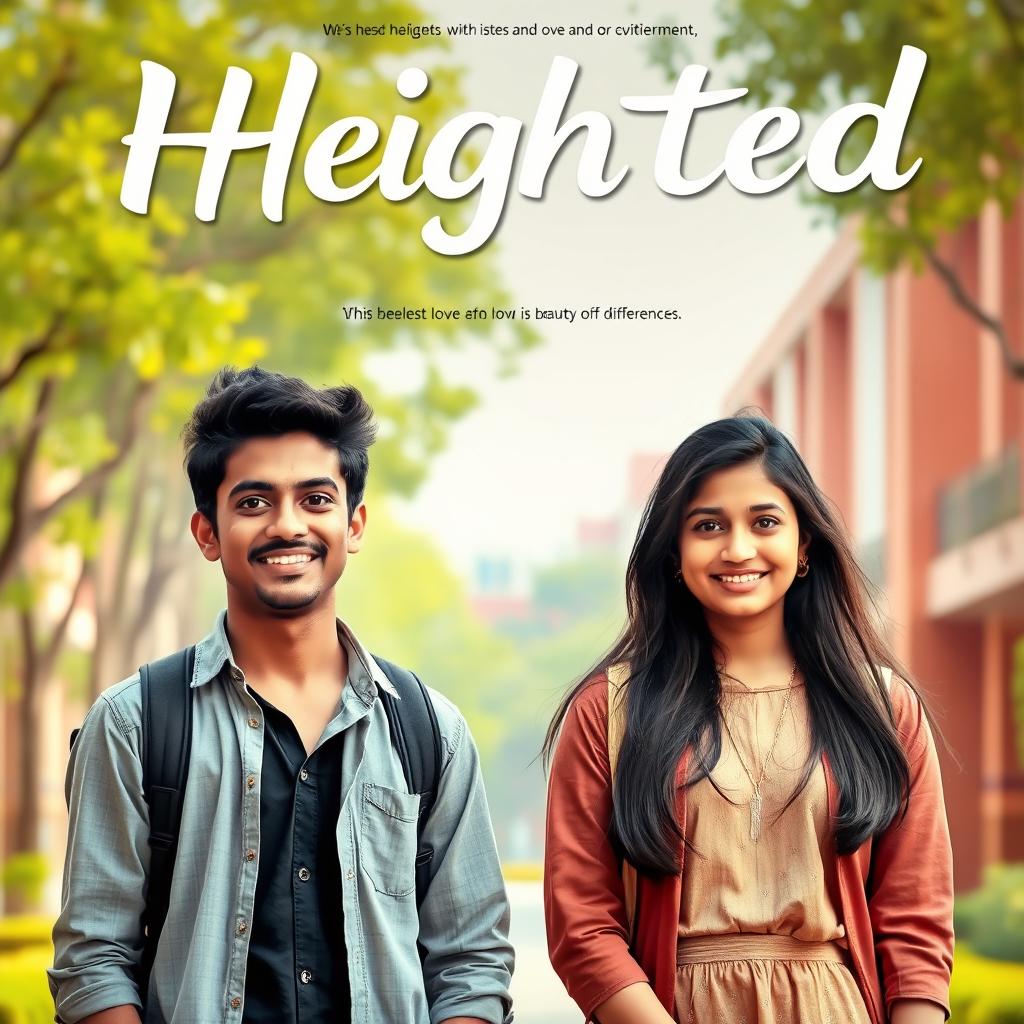 A cinematic film poster titled 'Heighted' featuring a short-heighted Indian college man, 27 years old, with a friendly smile, standing next to a long-heighted Indian woman of the same age