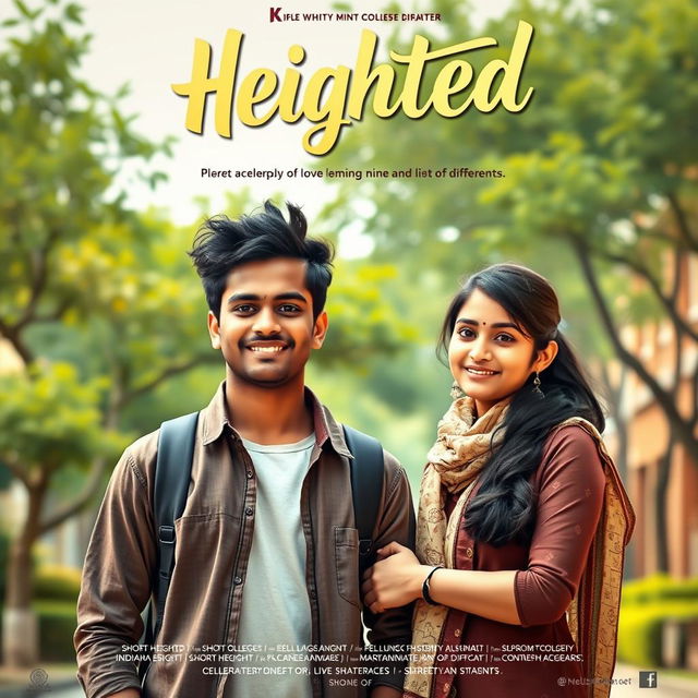 A cinematic film poster titled 'Heighted' featuring a short-heighted Indian college man, 27 years old, with a friendly smile, standing next to a long-heighted Indian woman of the same age