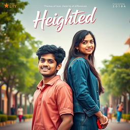 A cinematic film poster titled 'Heighted' featuring a short-heighted Indian college man, 27 years old, with a friendly smile, standing next to a long-heighted Indian woman of the same age