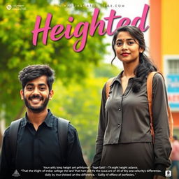 A cinematic film poster titled 'Heighted' featuring a short-heighted Indian college man, 27 years old, with a friendly smile, standing next to a long-heighted Indian woman of the same age