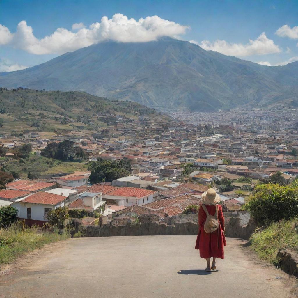 A peaceful Ecuador free from violence, showcasing harmonious scenes of civilians, landscapes, and cityscapes under a radiant sun.