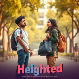 A cinematic film poster titled 'Heighted' featuring a short-heighted Indian 27-year-old man wearing casual college attire, holding a college bag, looking up shyly at a long-heighted Indian 27-year-old woman