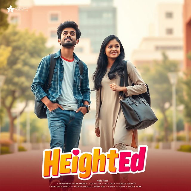 A cinematic film poster titled 'Heighted' featuring a short-heighted Indian 27-year-old man wearing casual college attire, holding a college bag, looking up shyly at a long-heighted Indian 27-year-old woman